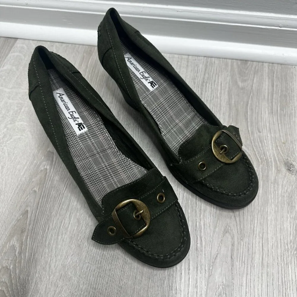 American Eagle Outfitters Olive Green Suede Wedge Loafers with Brass Buckle